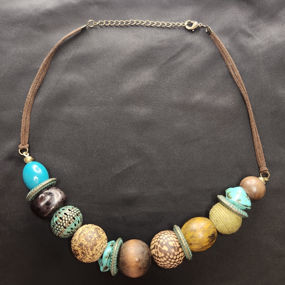 Teal Colored Beading And Wooden Ball Adjustable Necklace Statement Piece
